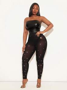 Radiana 大码女装春夏优雅华丽性感基础款手工水钻装饰网纱透视紧身裤，简约时尚，适合日常穿着、派对、舞会、游轮旅行、情人节等场合。 - 黑色 - 查看 5