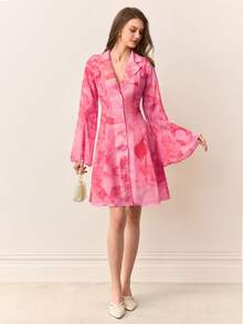 Aveloria Rosie 玫瑰黄印花雪纺领拼接A字短裙 - 玫紅色 - 查看 4