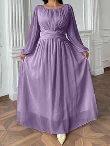 Vibekara Đầm dài đến mắt cá chân dáng chữ A, cạp cao, xếp ly, chất liệu chiffon Pháp thanh lịch, màu mơ, cỡ lớn. - Màu tím - Xem 6