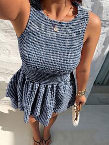 Sunnyshic Robe élégante et ajustée à la taille, sans manches, au col rond, avec un motif écossais rouge à la mode, polyvalente pour le printemps/été - Bleu marine - Voir 3