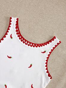 Resyla 辣椒刺绣加大码女式吊带背心，时尚贝壳边无袖上衣 - 白色 - 查看 4