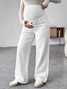 SHEIN 孕妇白色针织拼接白色牛仔宽松裤 - 白色 - 查看 4