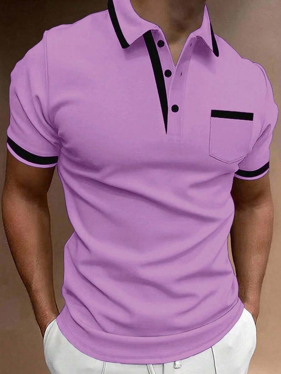 Calvornis Men's Casual Contrast Trim Short Sleeve Polo Shirt, Summer, Formal Cotton, Ceremony - Violet Purple - View 1
