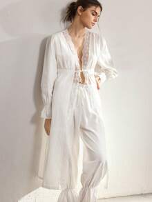 Ocili Women's Contrast Lace Flare Sleeve Robe And Long Pants Elegant Pajama Set - White - View 7