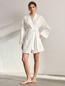 Ocili Women's Solid Color Robe With Belt, Sleepwear - White - View 7