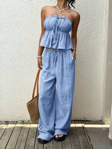 SHEIN EZwear 天蓝色亚麻女士抹胸上衣和裤子休闲度假套装 - 藍色 - 查看 6