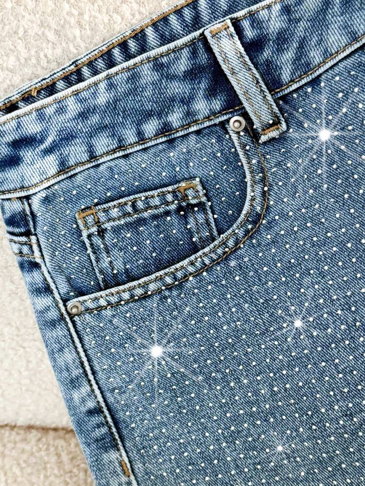 Comfortcana Quần short denim đính đá lấp lánh dành cho nữ - Rửa trung bình - Xem 3