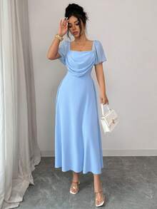 Elenzga Vestido ajustado de manga corta con cuello cuadrado y bajo acampanado, color azul cielo, para primavera/verano - Azul cielo - Ver 7