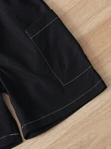 SHEIN 男童条纹无袖 Polo 衫，配纽扣半开襟针织背心和松紧腰休闲短裤套装，夏季 - 黑與白 - 查看 7