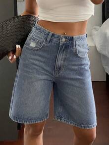 Livesso 女士夏季毛边直筒百慕大短裤，休闲街头风牛仔短裤 - 中等水洗藍 - 查看 7