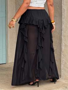 Rustia 低腰迷你裙，西部风，度假风，夏季女装，沙滩女装，不对称荷叶边雪纺飘逸系腰半身裙，复古性感A字中长裙，朋克哥特风不对称下摆半身裙，高腰荷叶边开衩半身裙，不对称修身半身裙，设计感 - 黑色 - 查看 2