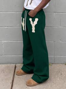 Manfinity Roghcode Men's Letter Print Drawstring Waist Casual Everyday Sweatpants - Green - View 6