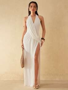 Silquee 性感优雅V领高开衩露背长裙，无袖连衣裙，优雅服饰，伴娘礼服，婚礼，海滩度假，约会/外出/夜店派对，优雅派对约会，鸡尾酒会，派对/约会/宴会服装，情人节及夜间外出，姐妹聚会礼服，浪漫约会服装，高端派对礼服，正式派对服装，毕业典礼，舞台表演礼服，盛大晚宴，俱乐部，夜总会 - 白色 - 查看 4
