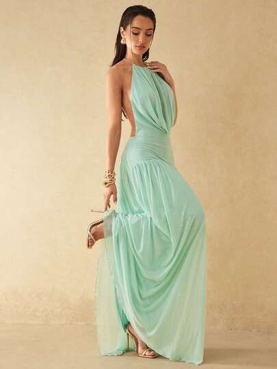 Silquee Mint Green & Light Blue Hollow Front Pleated Fitted Backless A-Line Dress, Elegant Attire, Bridesmaid Dress, Wedding, Beach Vacation, Date/Outing/Nightclub Party, Elegant Party Date, Cocktail Party, Party/Date/Banquet Outfit, Valentine's Day And Night Out, Sisterly Gathering Dress, Romantic Date Outfit, High-End Party Dress, Formal Party Attire, Graduation Ceremony, Stage Performance Dress, Gala, Club, Nightclub Elegant Dress Birthday Dresses For Ladies Special Occasion