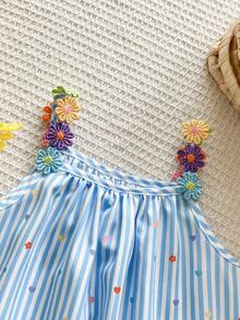 SHEIN Vintaside Kids 女婴彩色花卉丝带拼接条纹A字连衣裙，适合日常休闲和节日场合 - 彩色 - 查看 7