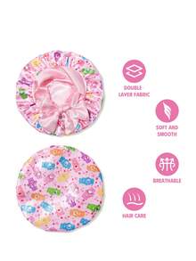 SHEIN X Care Bears 升级版双层粉色女士护发帽，宽弹力缎面可爱卡通熊印花，系带睡眠帽，柔软舒适，适合日常居家和睡眠佩戴 - 彩色 - 查看 3
