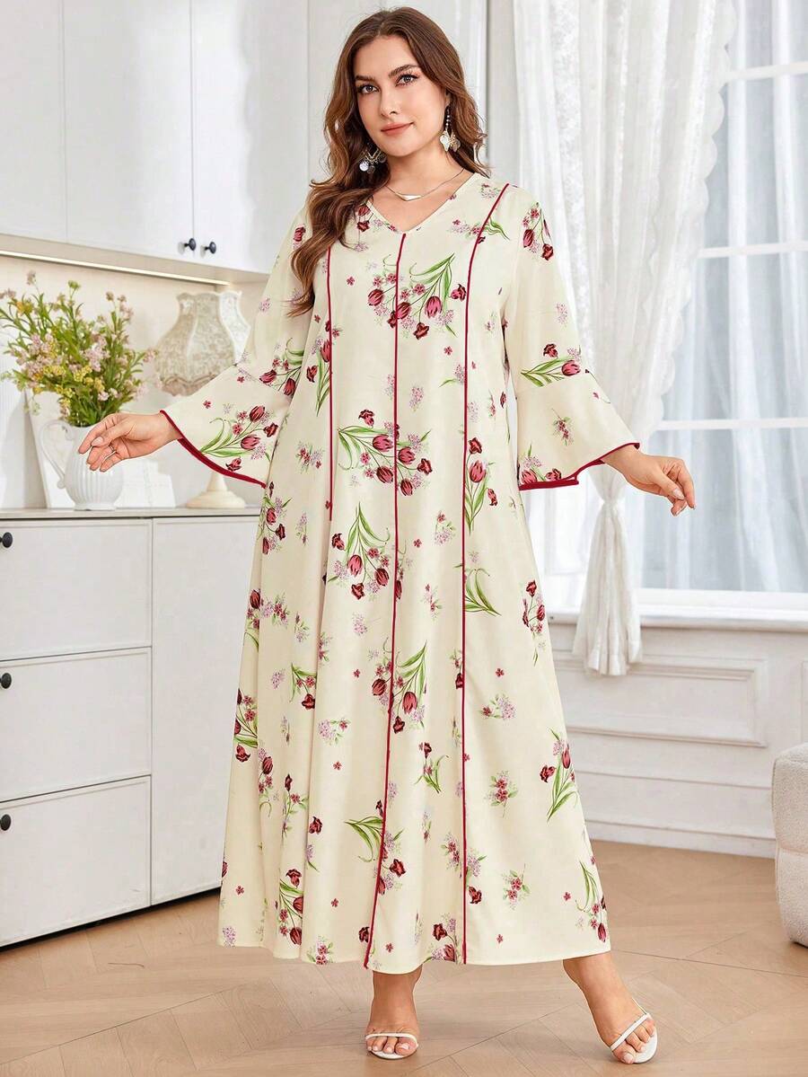 SHEIN Najma Đầm casual cổ chữ V in hoa dành cho nữ cỡ lớn, thích hợp dự tiệc và đi chơi. - Màu Đỏ Sâu - Xem 1