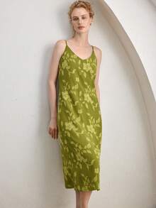 Ocili Vestido camisero minimalista con recortes de satén, cómodo y elegante camisón de otoño para mujeres - Verde - Ver 4