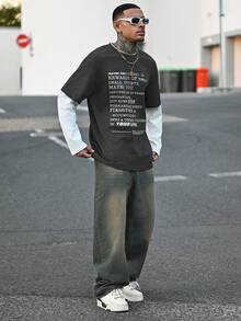 男士针织休闲日常年轻一代英文印花拼接宽松长袖T恤，夏季、上学、秋季、情侣装 - 灰色 - 查看 1