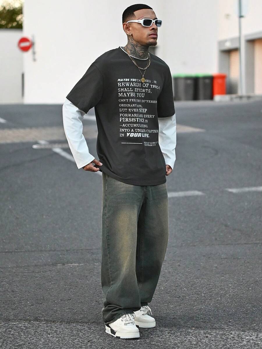 男士针织休闲日常年轻一代英文印花拼接宽松长袖T恤，夏季、上学、秋季、情侣装 - 灰色 - 查看 1