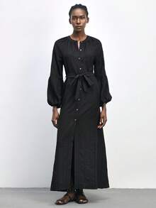 SHEIN Maija Outfit Deas For Dress Women's Long Shirt Dress With Waist Belt  Spring Summer Beach Outfits Easter Dress Women Wedding Party Dress Summer Looking Younger A Strap On The Waist Modest Dress - Black - View 11