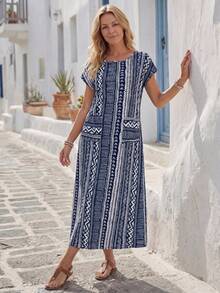 EMERY ROSE Women's Vacation Geometric Stripe Round Neck Batwing Sleeve Casual Long Dress - Navy Blue - View 4