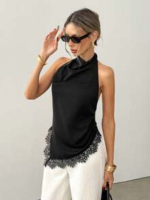 Ritzy Row Top halter de seda negra con delicado ribete de encaje, diseño de escote en V, elegante top de tirantes para damas, sexy y elegante para uso diario - Negro - Ver 8