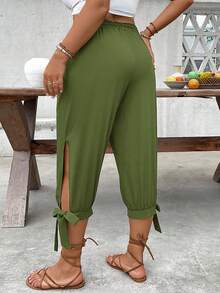 SHEIN CURVE+ Pantalones Capri de Talla Grande con Cintura Alta y Cordón, Primavera/Verano - Verde - Ver 5
