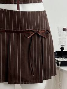 Flirla Women's Summer Two-Piece Set: Color-Block Crop Top With Stripe Tie Detail & Matching Strappy Pleated Skirt, Casual Style. - Brown - View 6