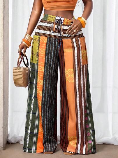 BamGleam Lady's New Spring/Summer Color-Striped Printed Straight-Leg Pants, Perfect For Beach Vacations
