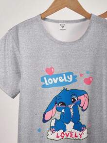 2件套 女童简约可爱卡通绵羊印花短袖长款睡衣套装，粉色和灰色 - 彩色 - 查看 3