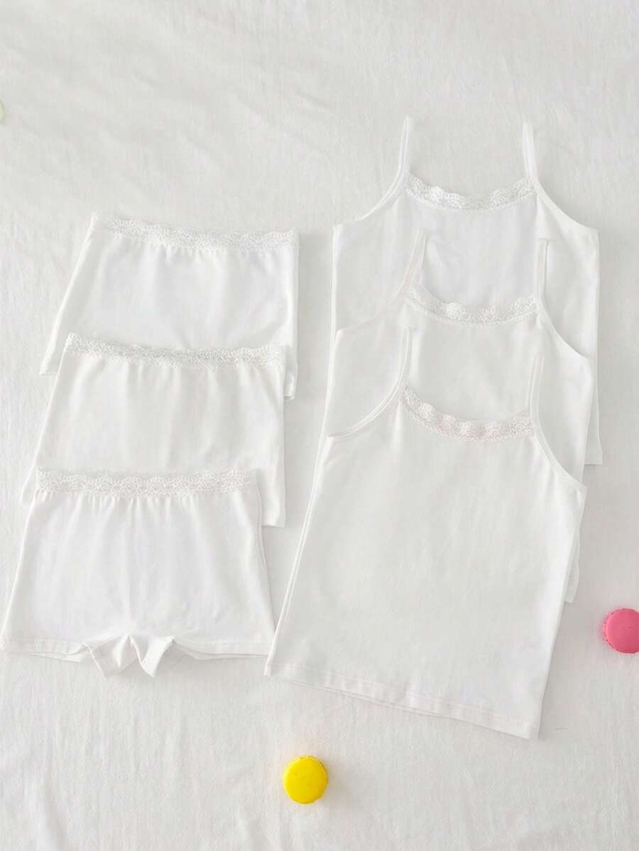 6件套少女基础款甜美简约多色蕾丝边吊带背心和蕾丝边平角内裤套装 - 白色 - 查看 1