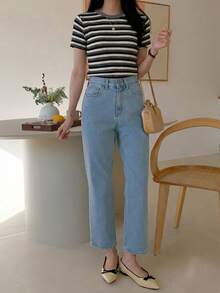 DAZY Áo thun nữ tay ngắn kẻ caro phối màu xanh lá cây và đen, kiểu dáng thường ngày, phù hợp cho mùa xuân và mùa hè. - Đen và trắng - Xem 5