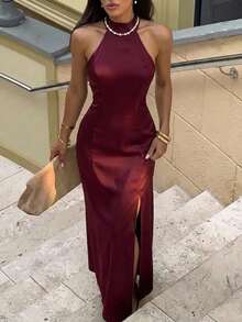 Aloruh 女士时尚优雅露肩开衩露背连衣裙 - 中紫紅色 - 查看 1