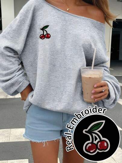 SHEIN EZwear Casual Minimalist Daily Versatile All-Match Cherry 3D Embroidery, Beach/Vacation Outfit, Women's Summer Wear, Light Gray Women's Off-Shoulder Loose Casual Long Sleeve Sweatshirt