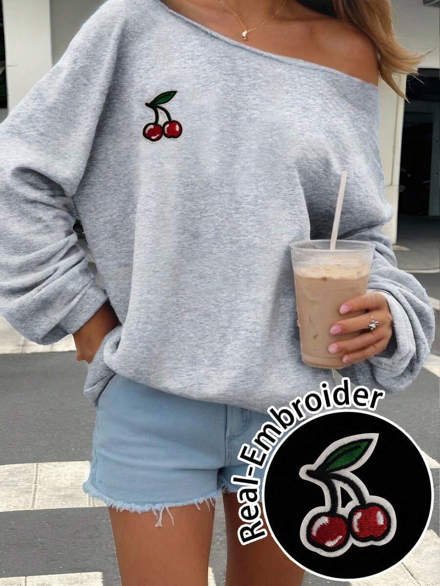 SHEIN EZwear 休闲简约日常百搭樱桃3D刺绣沙滩/度假装，女士夏季服装，浅灰色露肩宽松休闲长袖卫衣 - 淺灰色 - 查看 1