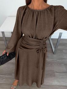 Siren Gaze Women's Solid Color Pleated Drawstring Casual Long Sleeve Dress - Brown - View 5