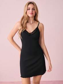 Bonmuse Lace Trim Lettuce Trim Cami Pajama Nightdress - Black - View 3