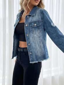 EMERY ROSE Women's Casual Washed Distressed Denim Jacket - Dark Wash - View 3