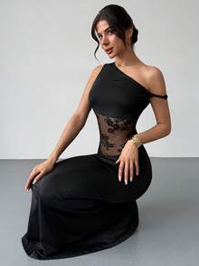 RiviMae 女士不对称领性感蕾丝拼接修身鱼尾连衣裙/黑色连衣裙/女士夏季连衣裙 - 黑色 - 查看 1