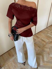 Siren Gaze Women's Lace Patchwork Satin Blouse With Asymmetrical Shoulder Neckline - Burgundy - View 3