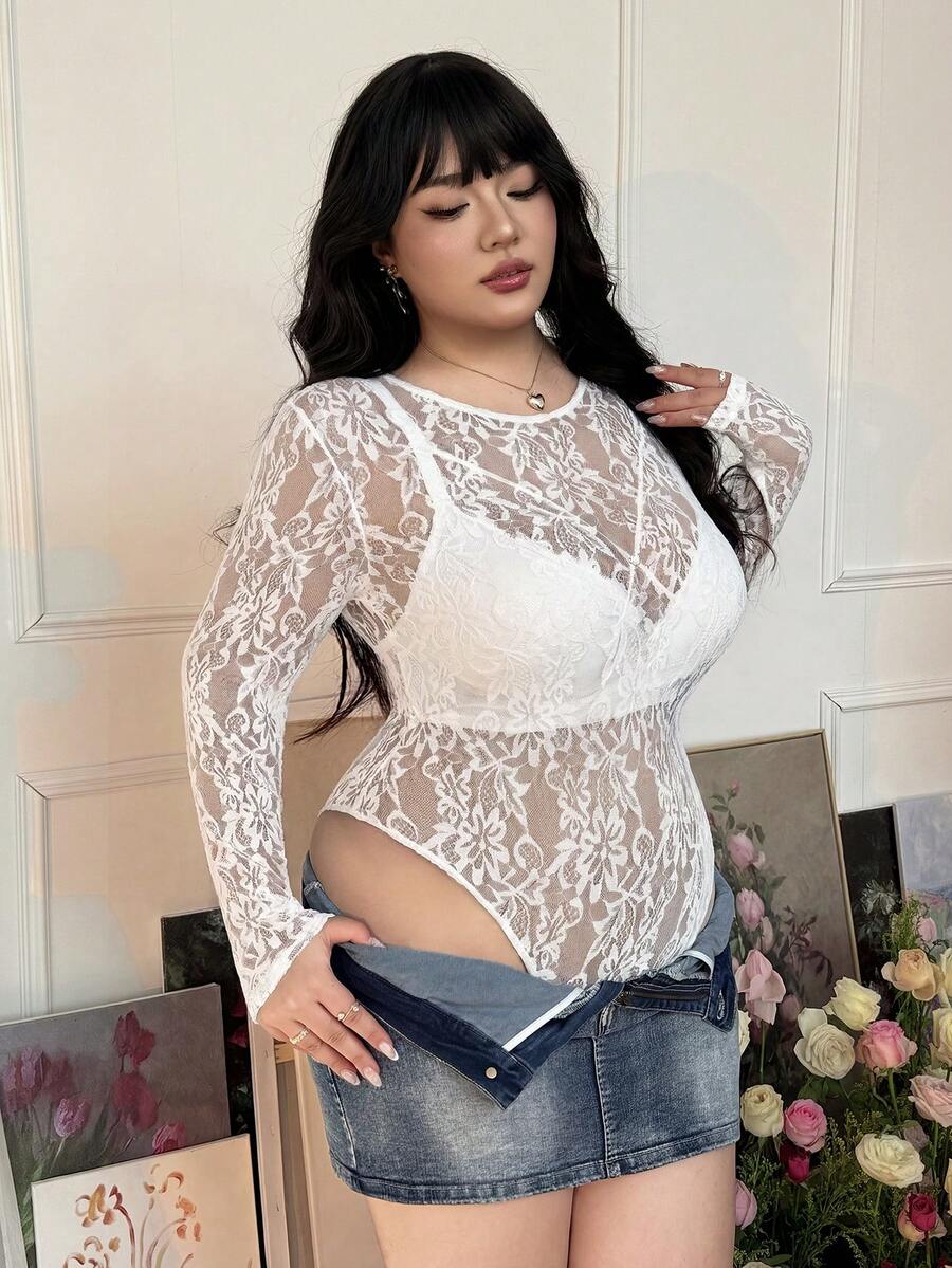 CovetEZ 白色加大码女士性感蕾丝连体衣 - 白色 - 查看 1