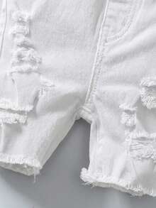 SHEIN Pantalón corto vaquero casual, suave y lindo con bordes deshilachados y desgarrados para bebé niño, para el verano - Blanco - Ver 7