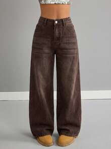 SHEIN Jeans bleus vintage taille basse ample pour préadolescentes - Acajou - Voir 3