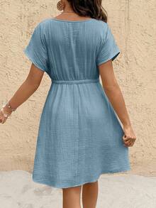 SHEIN Boat Neck Solid Color Waist Bow Decor Maternity Dress - Baby Blue - View 2