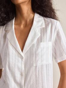 Ocili Natural Soft & Skin-Friendly Cotton Jacquard Lapel Short Sleeve & Shorts Pajama Set For Women - White - View 6