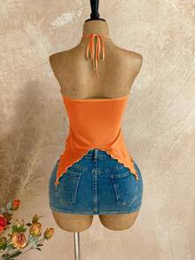 Soleia 女士不对称下摆吊带背心，饰有贝壳图案，适合海滩度假和夏季穿着 - 橘色 - 查看 2