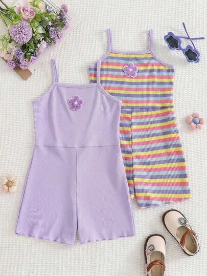 SHEIN Genkimix Kids 2pcs/Set Spring/Summer New Casual Cute Colorful Striped Car & Floral Embroidery Camisole Top Paired With Purple Ribbed Splice Jumpsuit