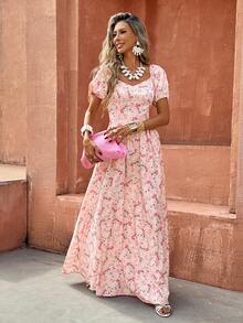 Selianne Đầm chữ A tay phồng, in hoa, thắt eo, màu hồng, thích hợp mặc đi nghỉ mát, mùa xuân/hè. - Nhiều màu - Xem 3