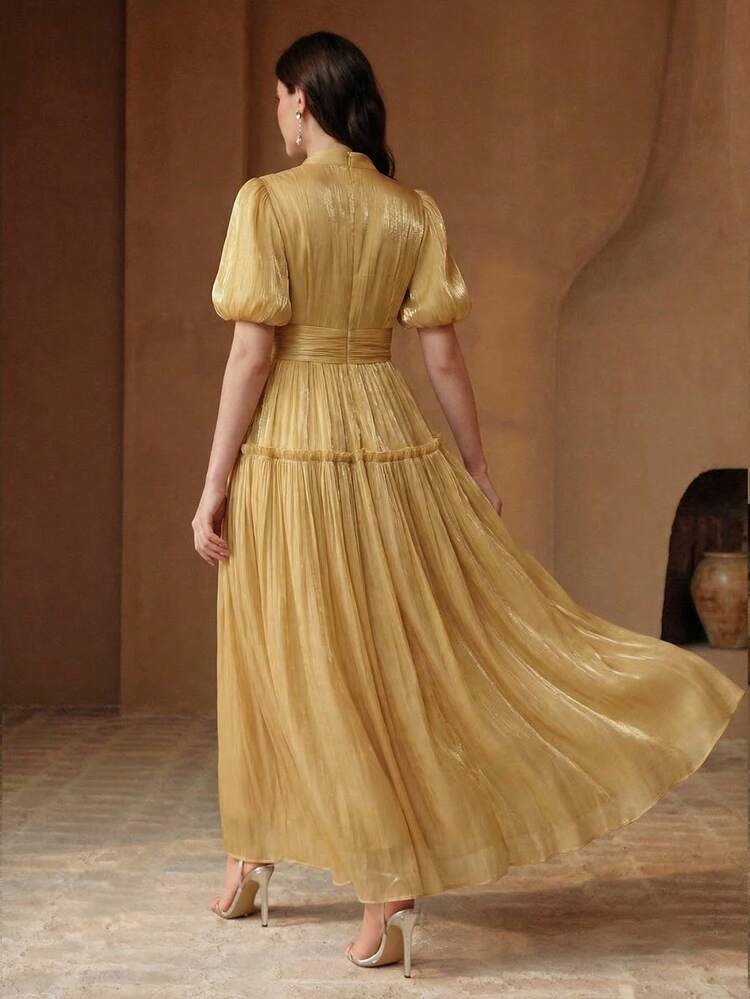 Anewsta Essential Anewsta Women's Spring/Summer Gold Elegant Stand Collar Puff Sleeve A-Line Cinched Waist Long Dress, Shiny Fabric, Suitable For Daily Wear, Gatherings, Parties, Valentine's Day, Weddings